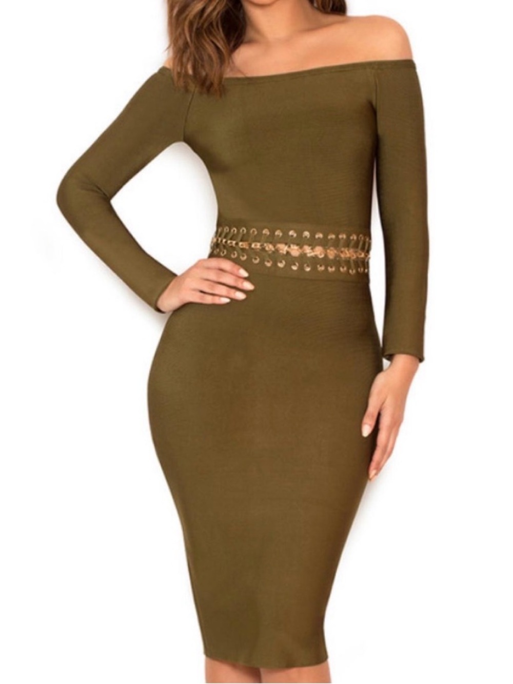 House of CB Jadzia Khaki/Olive Green Bandage Off-Shoulder Midi Dress - XS